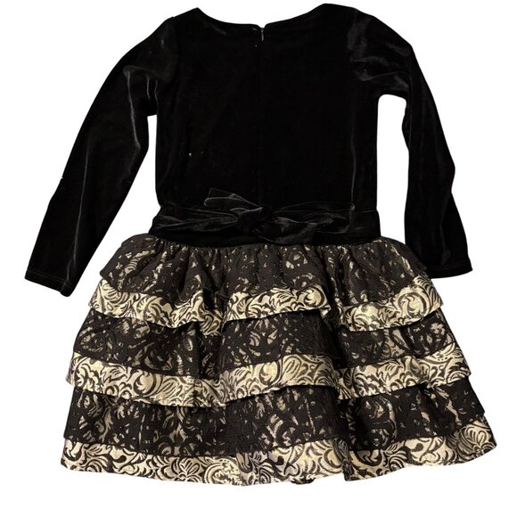 Chasing Fireflies Black Velvet & Metallic Ruffle Dress Girls 6 With Lace Details - Picture 4 of 5